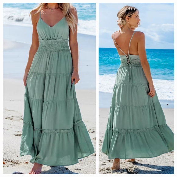 Cupshe Sage Sleeveless Smocked Waist Ruffled Hem Maxi Dress - Picture 1 of 5